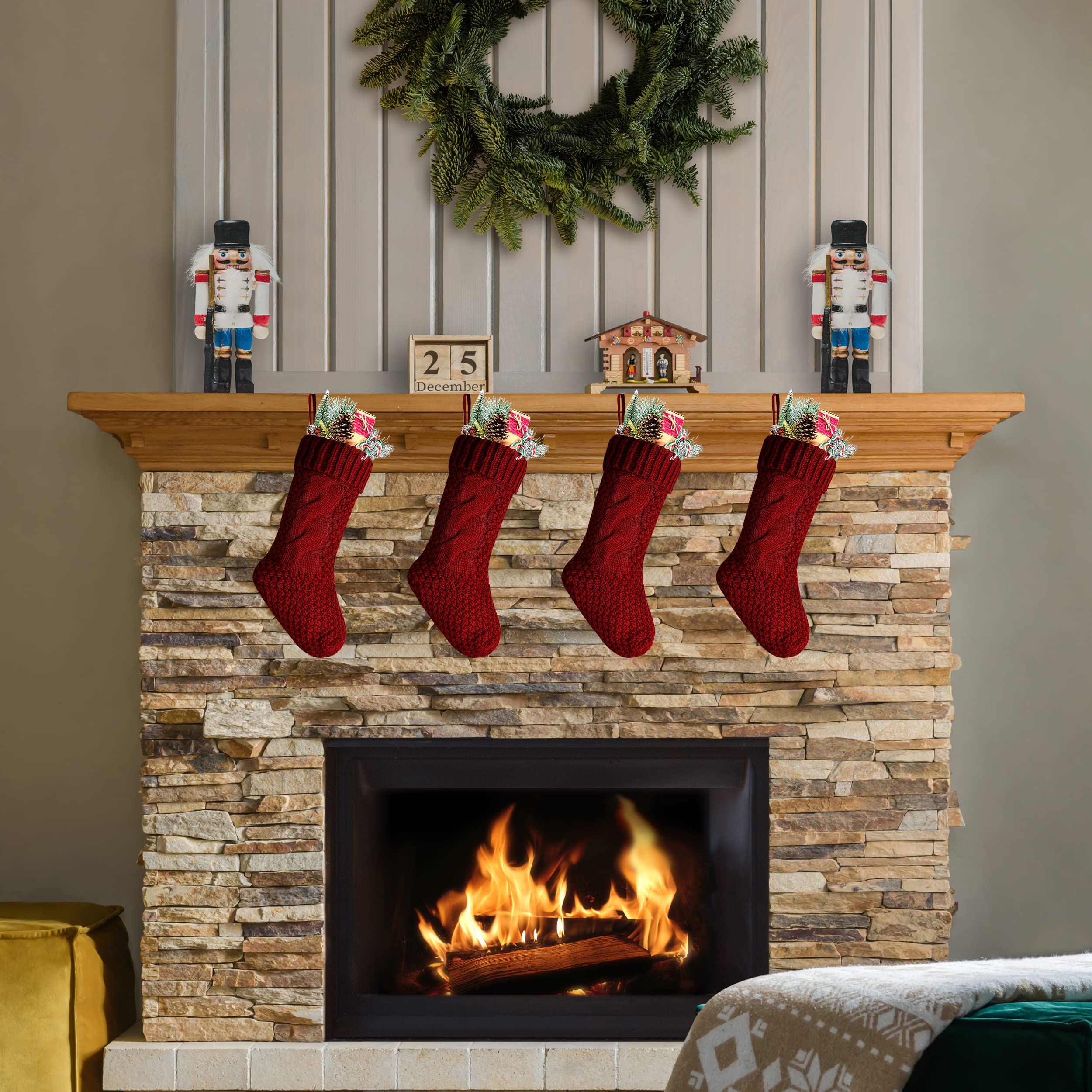 Kunyida Pack 4,14 Unique Burgundy Knit Christmas Stockings